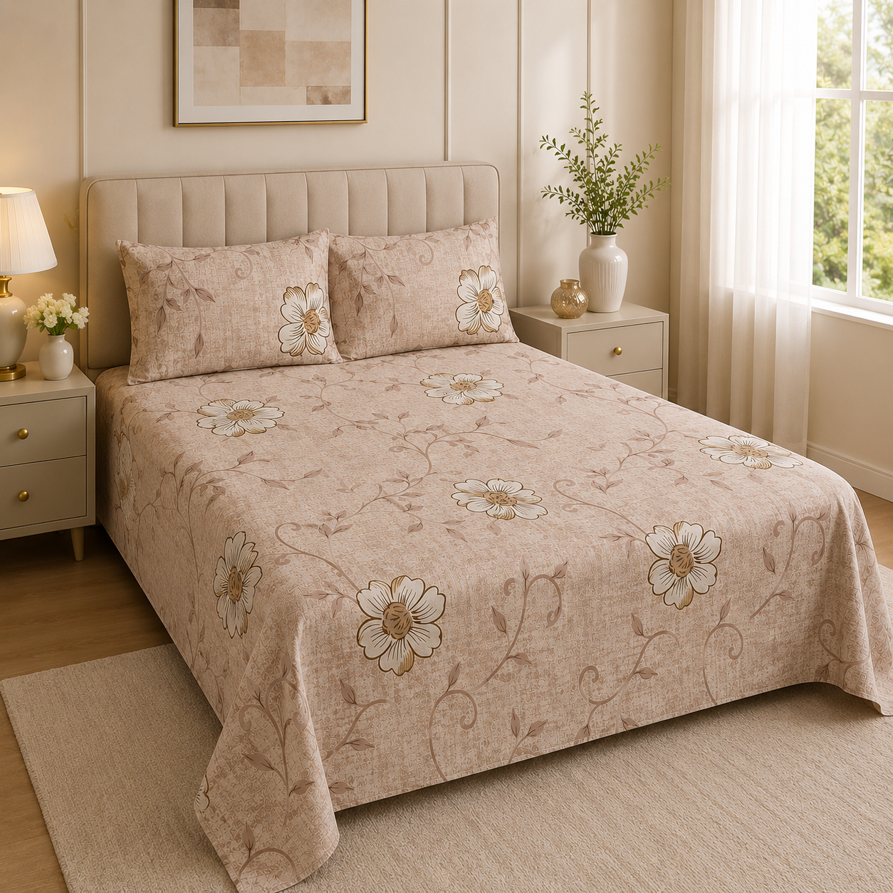 Aarniva 100% Cotton Bedsheet Set | King/Queen | Soft & Breathable | Warm Floral | 4-Piece Set
