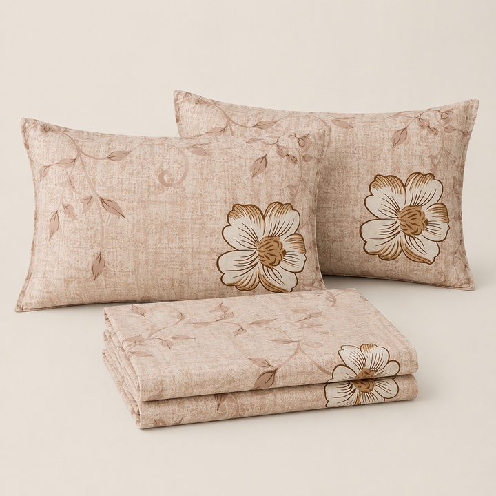 Aarniva 100% Cotton Bedsheet Set | King/Queen | Soft & Breathable | Warm Floral | 4-Piece Set
