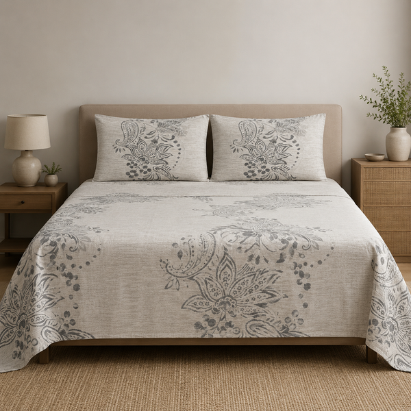 Aarniva 100% Cotton Bedsheet Set | King/Queen | Soft & Breathable | Grey Bloom | 4-Piece Set