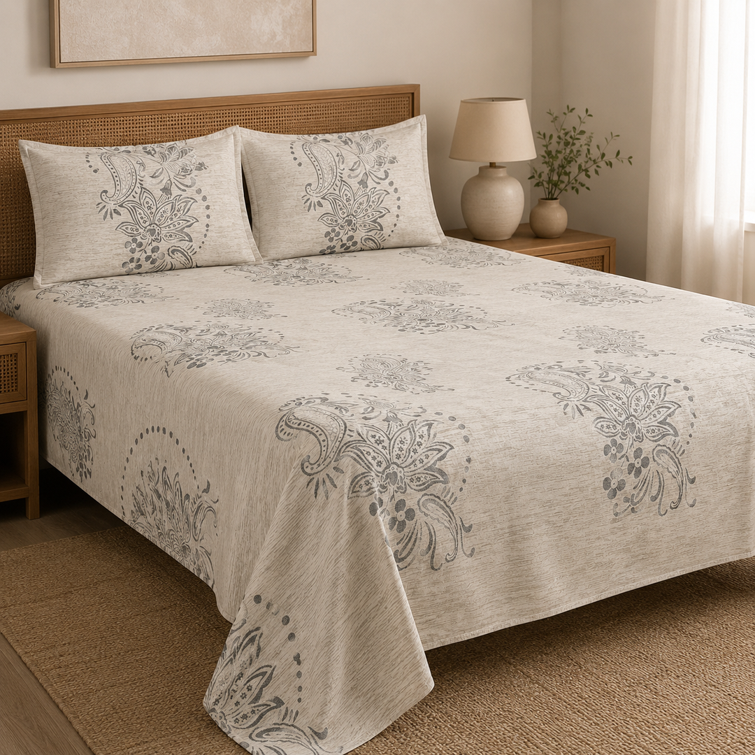 Aarniva 100% Cotton Bedsheet Set | King/Queen | Soft & Breathable | Grey Bloom | 4-Piece Set