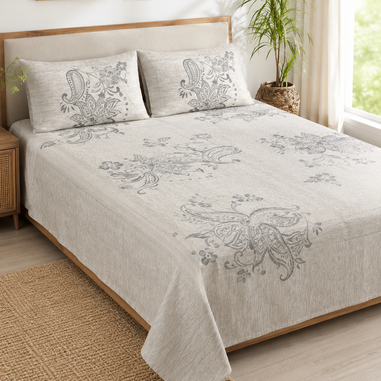 Aarniva 100% Cotton Bedsheet Set | King/Queen | Soft & Breathable | Grey Bloom | 4-Piece Set
