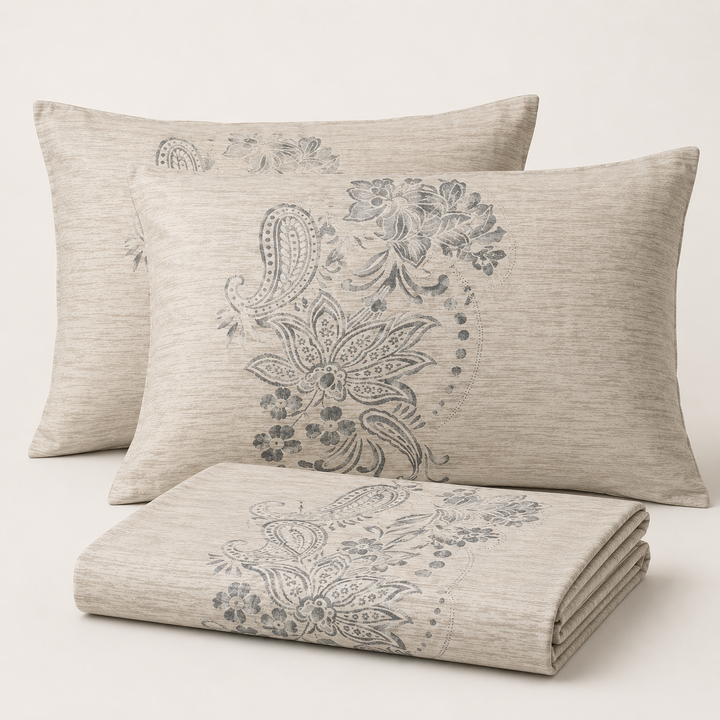 Aarniva 100% Cotton Bedsheet Set | King/Queen | Soft & Breathable | Grey Bloom | 4-Piece Set