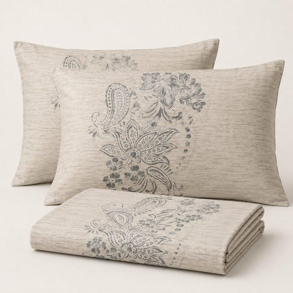 Aarniva 100% Cotton Bedsheet Set | King/Queen | Soft & Breathable | Grey Bloom | 4-Piece Set