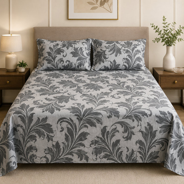 Aarniva 100% Cotton Bedsheet Set | King/Queen | Soft & Breathable | Silver Botanical | 4-Piece Set