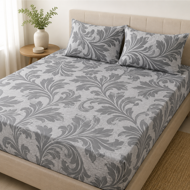 Aarniva 100% Cotton Bedsheet Set | King/Queen | Soft & Breathable | Silver Botanical | 4-Piece Set