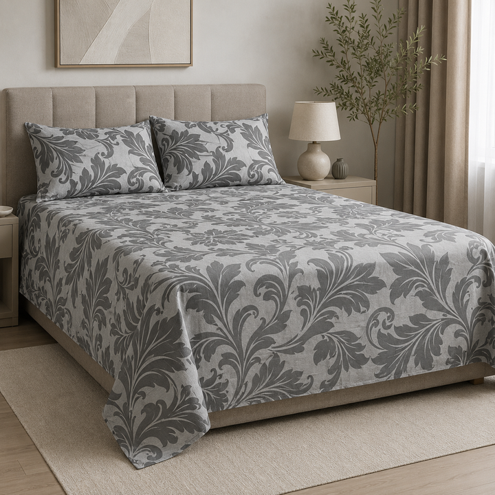 Aarniva 100% Cotton Bedsheet Set | King/Queen | Soft & Breathable | Silver Botanical | 4-Piece Set