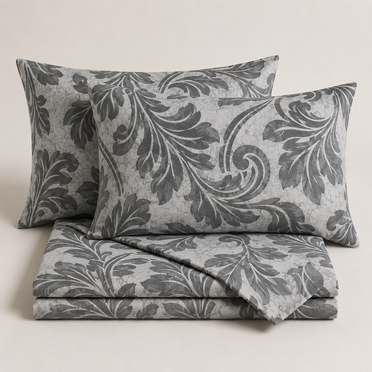 Aarniva 100% Cotton Bedsheet Set | King/Queen | Soft & Breathable | Silver Botanical | 4-Piece Set
