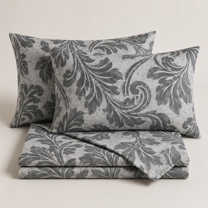 Aarniva 100% Cotton Bedsheet Set | King/Queen | Soft & Breathable | Silver Botanical | 4-Piece Set