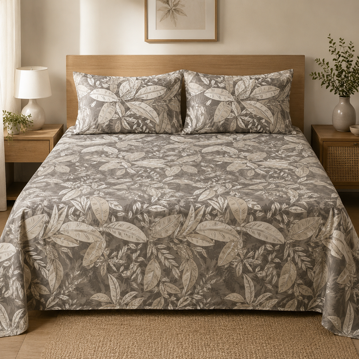 Aarniva 100% Cotton Bedsheet Set | King/Queen | Soft & Breathable | Leaf Print | 4-Piece Set