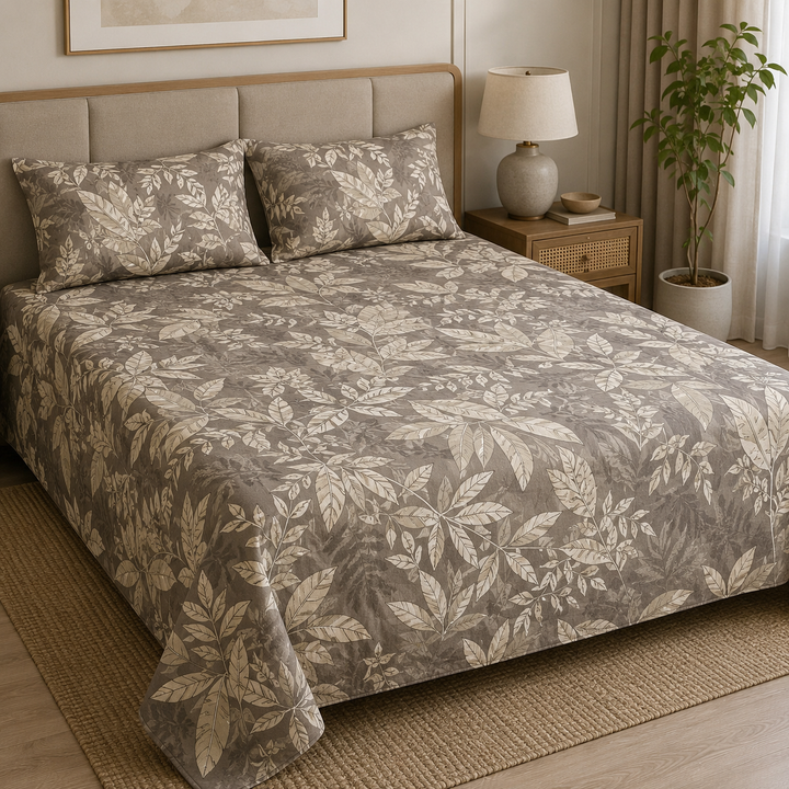 Aarniva 100% Cotton Bedsheet Set | King/Queen | Soft & Breathable | Leaf Print | 4-Piece Set