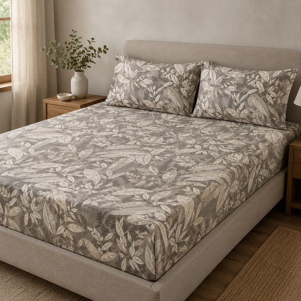 Aarniva 100% Cotton Bedsheet Set | King/Queen | Soft & Breathable | Leaf Print | 4-Piece Set