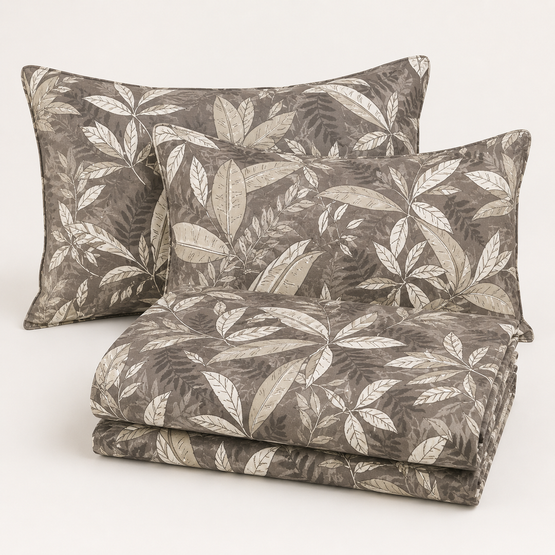 Aarniva 100% Cotton Bedsheet Set | King/Queen | Soft & Breathable | Leaf Print | 4-Piece Set