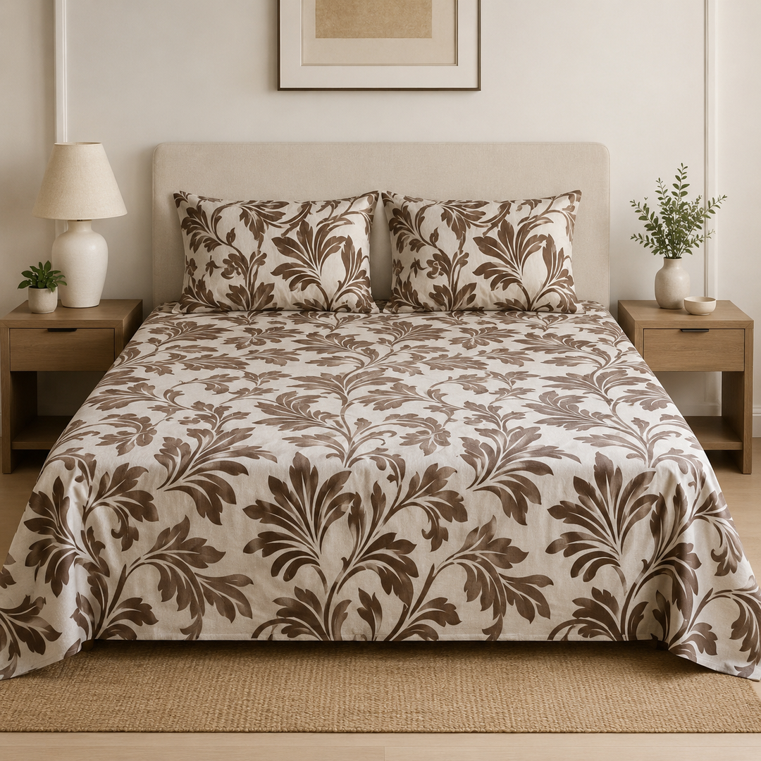 Aarniva 100% Cotton Bedsheet Set | King/Queen | Soft & Breathable | Mocha Damask | 4-Piece Set
