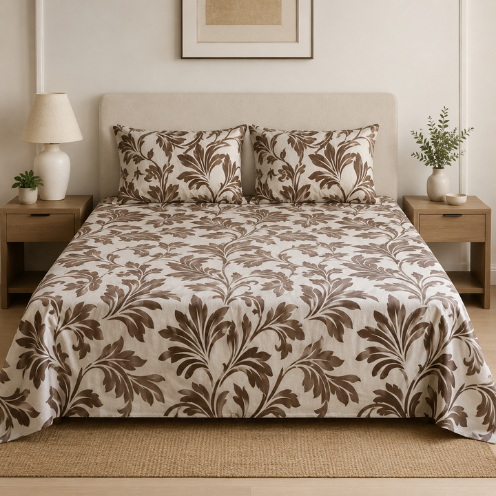 Aarniva 100% Cotton Bedsheet Set | King/Queen | Soft & Breathable | Mocha Damask | 4-Piece Set