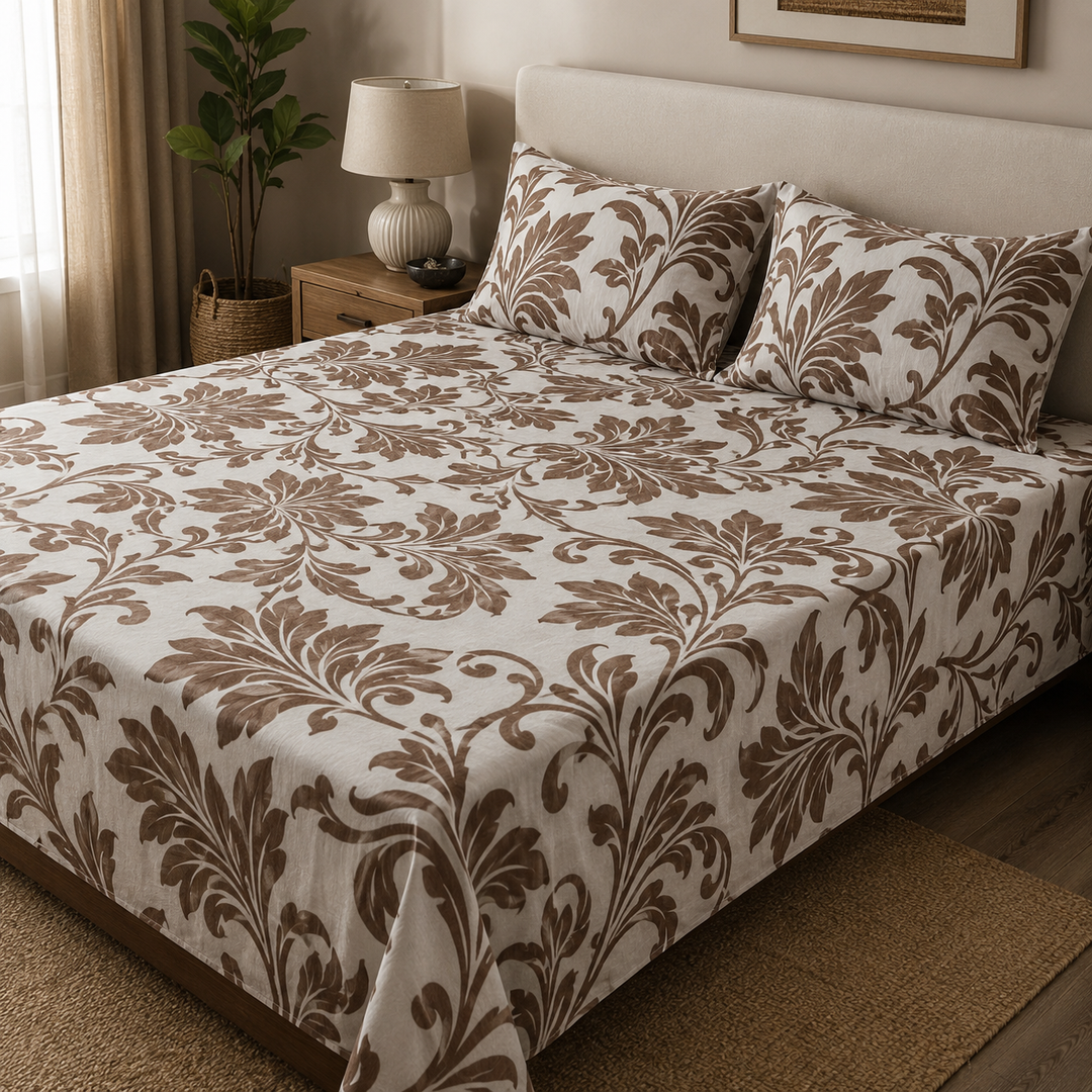 Aarniva 100% Cotton Bedsheet Set | King/Queen | Soft & Breathable | Mocha Damask | 4-Piece Set