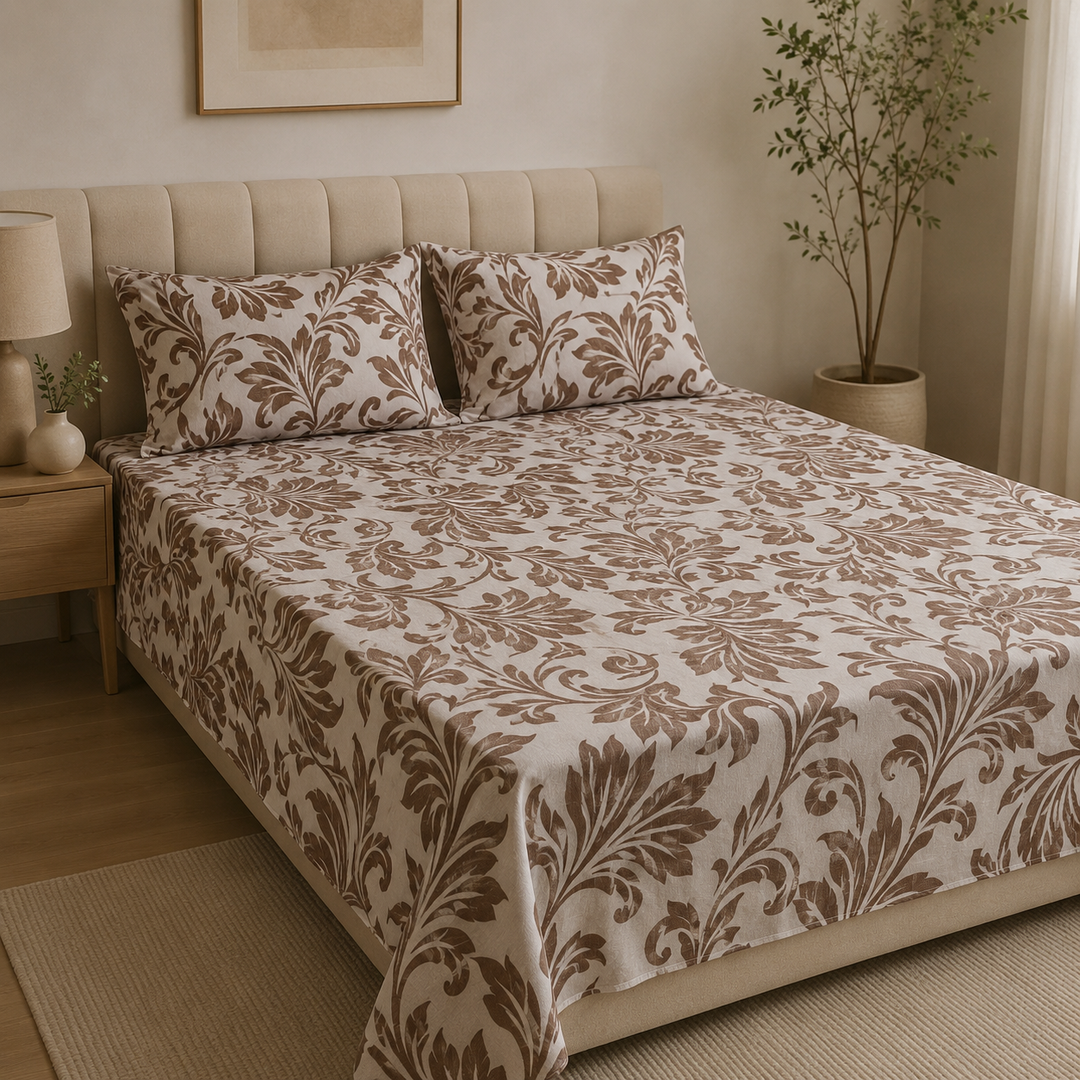 Aarniva 100% Cotton Bedsheet Set | King/Queen | Soft & Breathable | Mocha Damask | 4-Piece Set