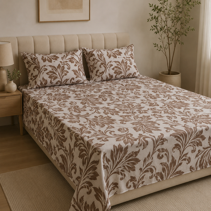 Aarniva 100% Cotton Bedsheet Set | King/Queen | Soft & Breathable | Mocha Damask | 4-Piece Set