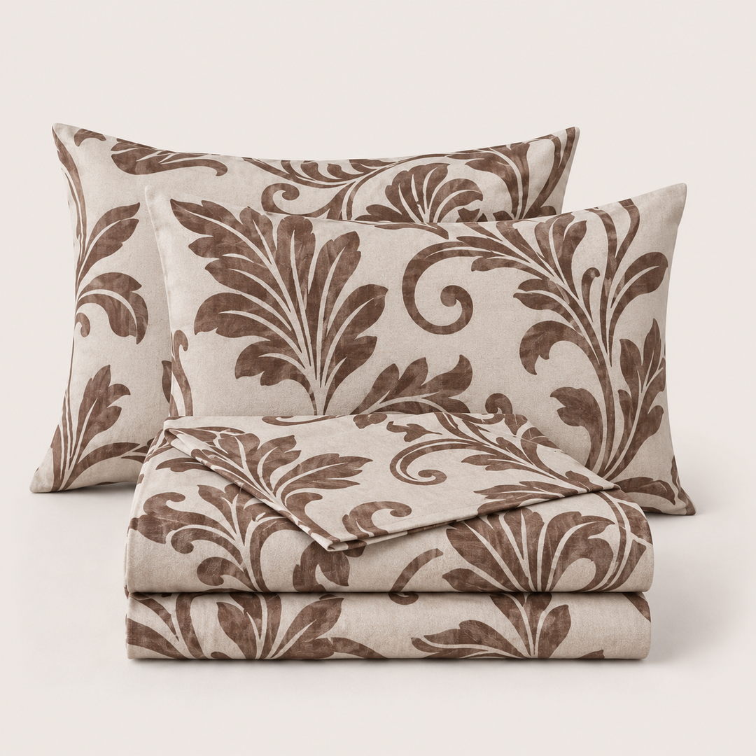 Aarniva 100% Cotton Bedsheet Set | King/Queen | Soft & Breathable | Mocha Damask | 4-Piece Set