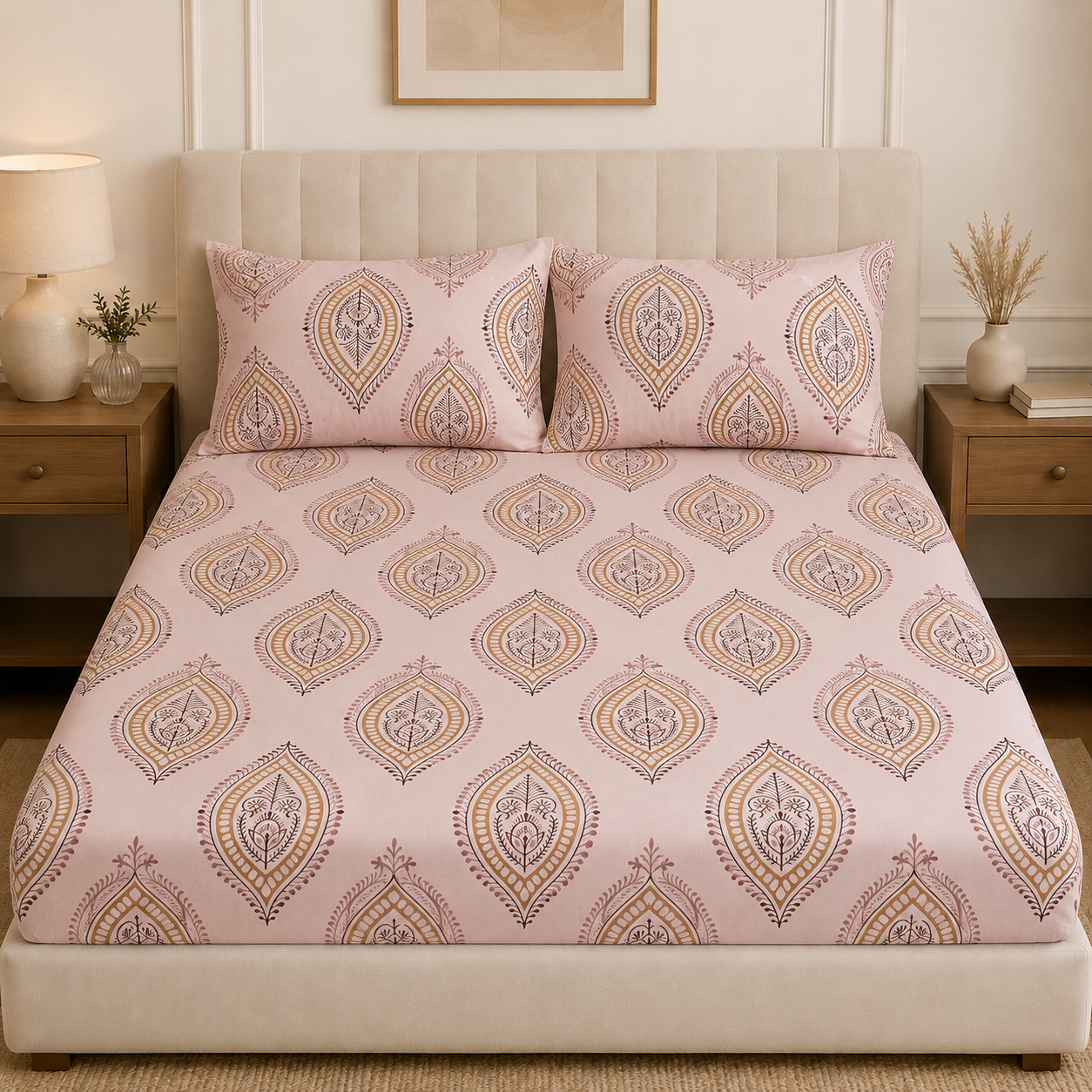 Aarniva 100% Cotton Bedsheet Set | King/Queen | Soft & Breathable | Rose Paisley | 4-Piece Set