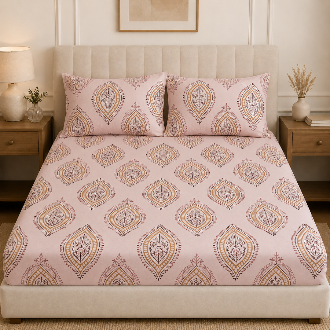 Aarniva 100% Cotton Bedsheet Set | King/Queen | Soft & Breathable | Rose Paisley | 4-Piece Set