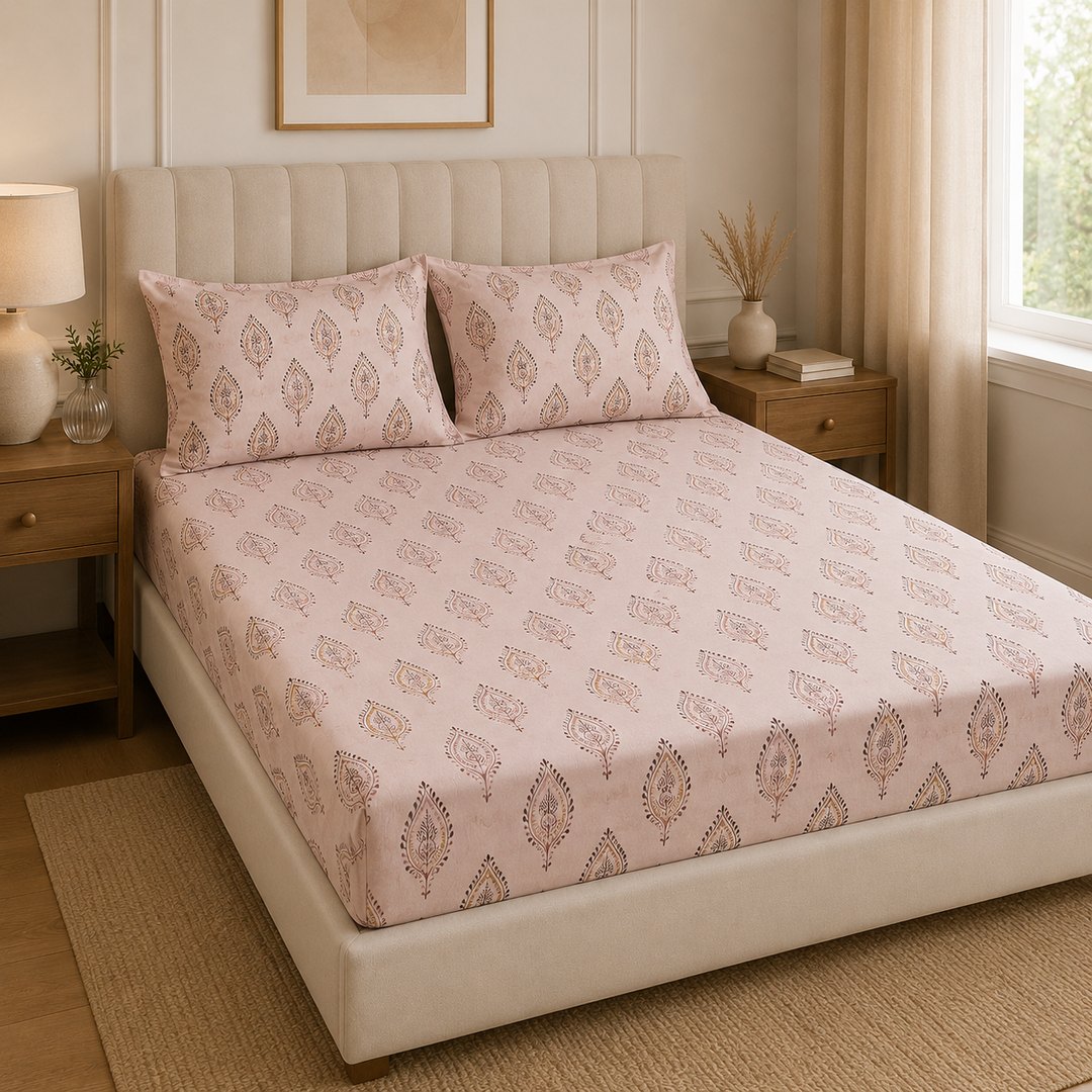 Aarniva 100% Cotton Bedsheet Set | King/Queen | Soft & Breathable | Rose Paisley | 4-Piece Set