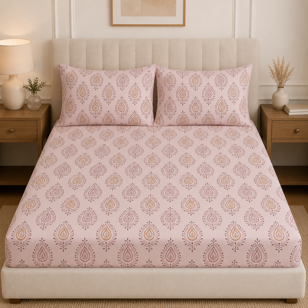 Aarniva 100% Cotton Bedsheet Set | King/Queen | Soft & Breathable | Rose Paisley | 4-Piece Set