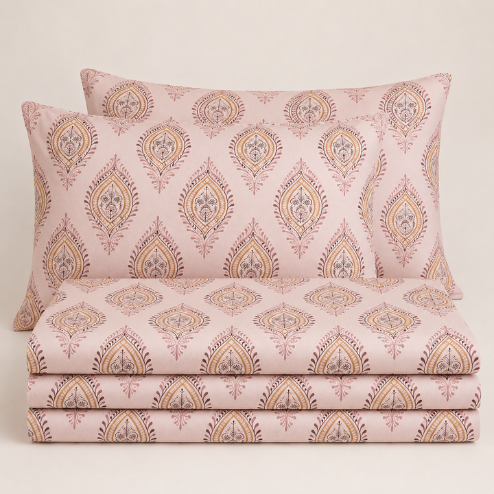 Aarniva 100% Cotton Bedsheet Set | King/Queen | Soft & Breathable | Rose Paisley | 4-Piece Set