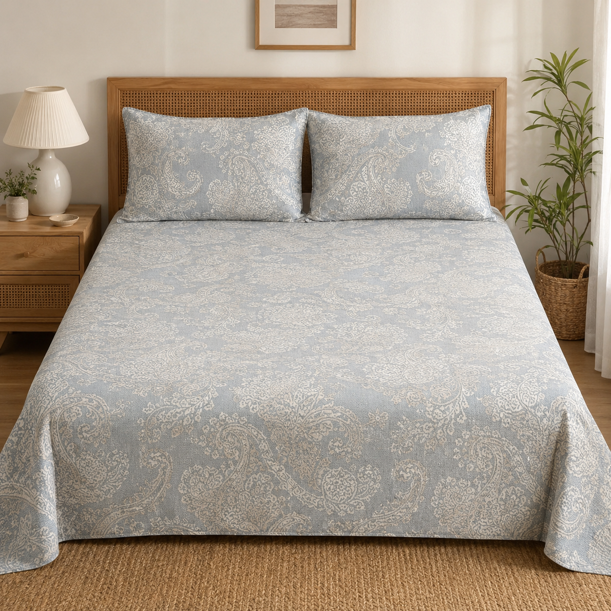 Aarniva 100% Cotton Bedsheet Set | King/Queen | Soft & Breathable | Aqua Paisley | 4-Piece Set