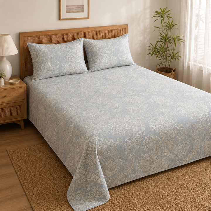 Aarniva 100% Cotton Bedsheet Set | King/Queen | Soft & Breathable | Aqua Paisley | 4-Piece Set