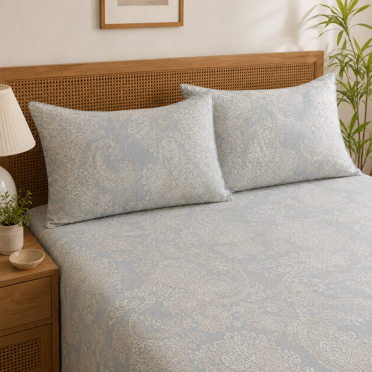 Aarniva 100% Cotton Bedsheet Set | King/Queen | Soft & Breathable | Aqua Paisley | 4-Piece Set