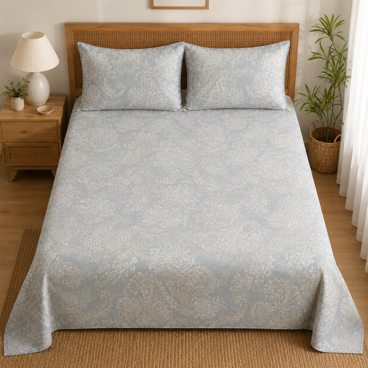 Aarniva 100% Cotton Bedsheet Set | King/Queen | Soft & Breathable | Aqua Paisley | 4-Piece Set