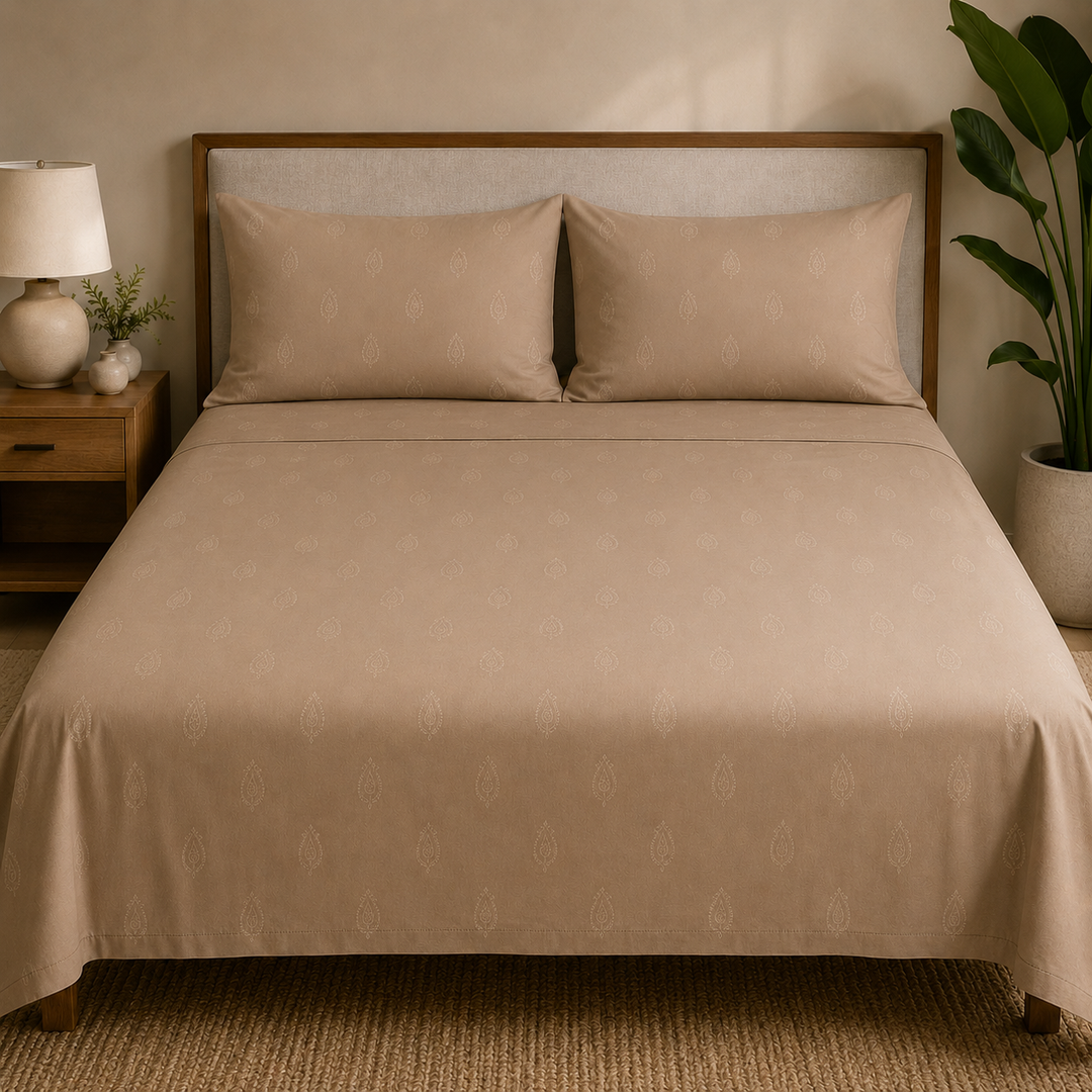 Aarniva 100% Cotton Bedsheet Set | King/Queen | Soft & Breathable | Taupe Motif | 4-Piece Set