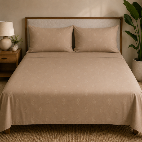 Aarniva 100% Cotton Bedsheet Set | King/Queen | Soft & Breathable | Taupe Motif | 4-Piece Set
