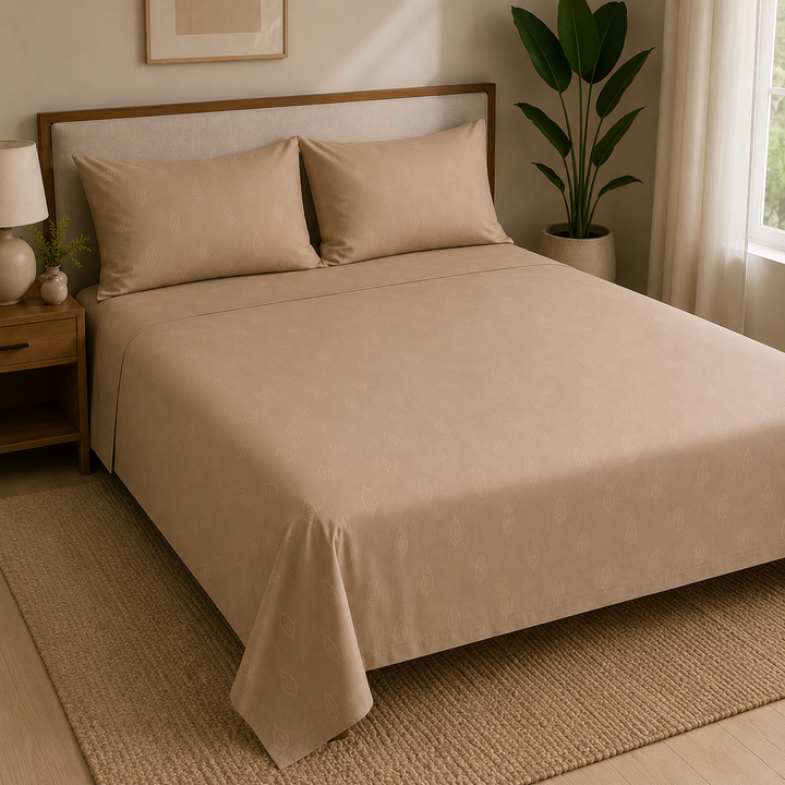 Aarniva 100% Cotton Bedsheet Set | King/Queen | Soft & Breathable | Taupe Motif | 4-Piece Set
