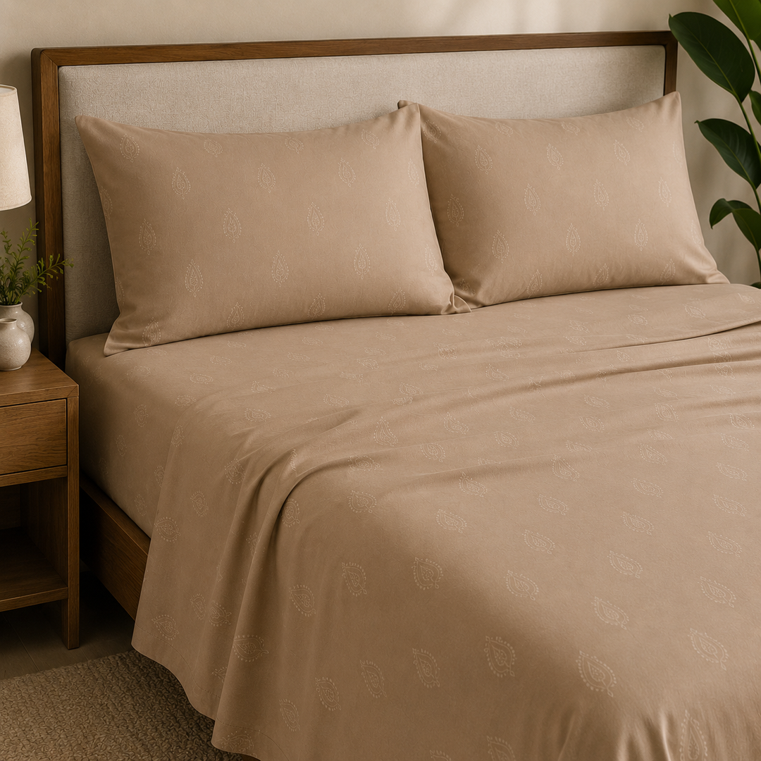 Aarniva 100% Cotton Bedsheet Set | King/Queen | Soft & Breathable | Taupe Motif | 4-Piece Set