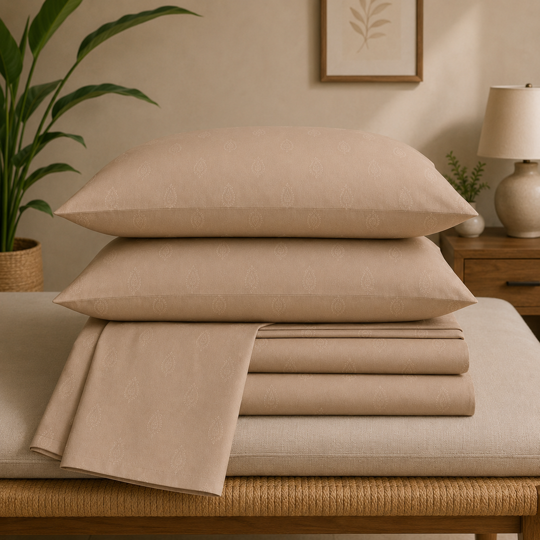 Aarniva 100% Cotton Bedsheet Set | King/Queen | Soft & Breathable | Taupe Motif | 4-Piece Set
