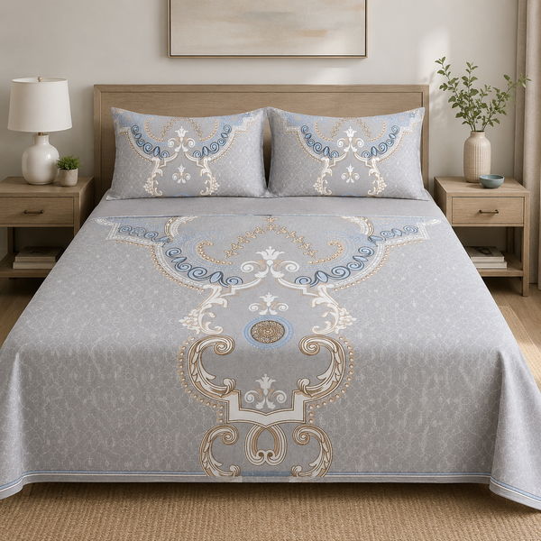 Aarniva 100% Cotton Bedsheet Set | King/Queen | Soft & Breathable | Silver Ornate | 4-Piece Set