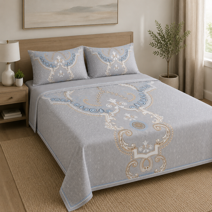 Aarniva 100% Cotton Bedsheet Set | King/Queen | Soft & Breathable | Silver Ornate | 4-Piece Set