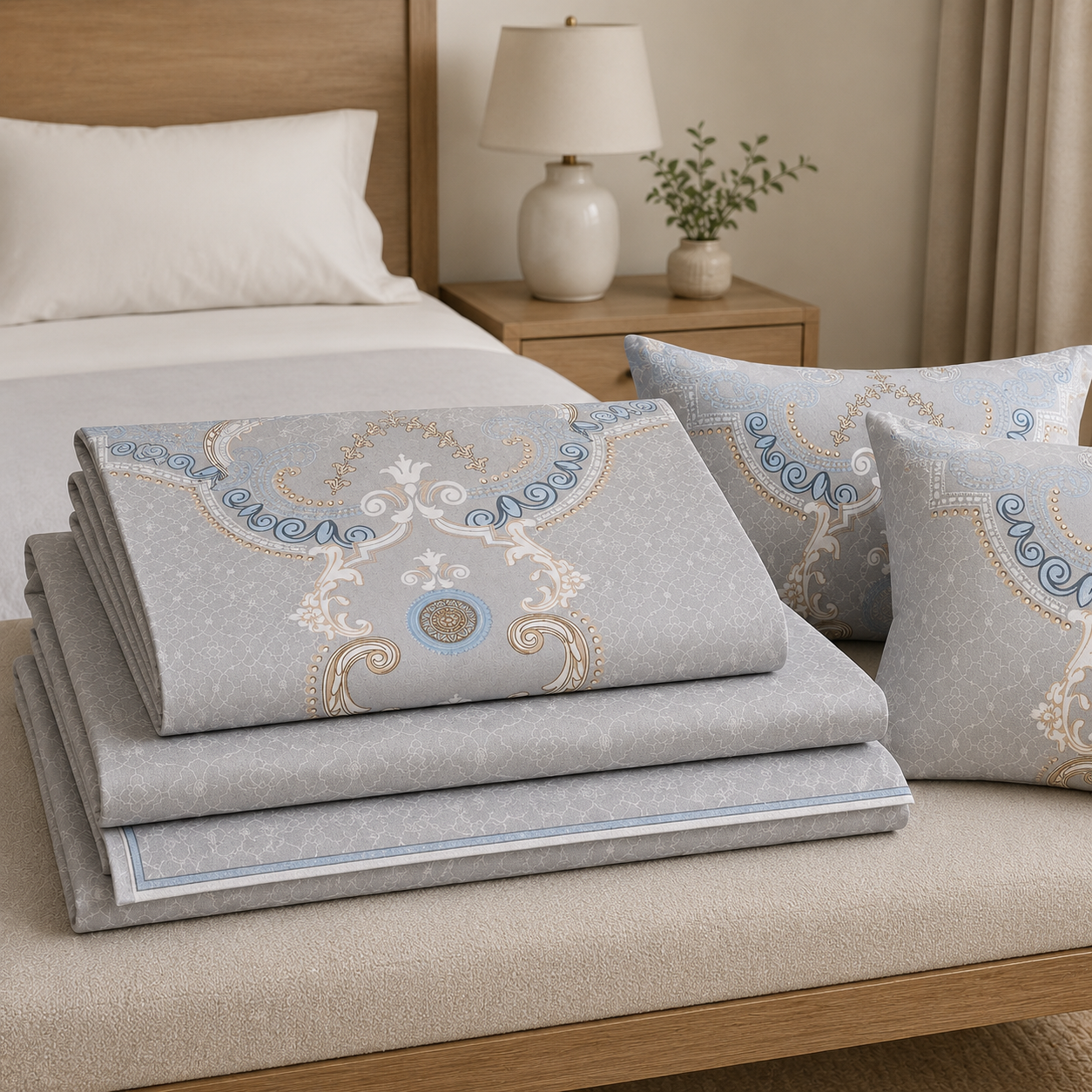 Aarniva 100% Cotton Bedsheet Set | King/Queen | Soft & Breathable | Silver Ornate | 4-Piece Set