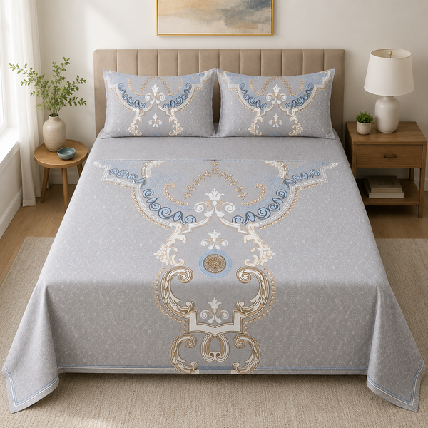 Aarniva 100% Cotton Bedsheet Set | King/Queen | Soft & Breathable | Silver Ornate | 4-Piece Set