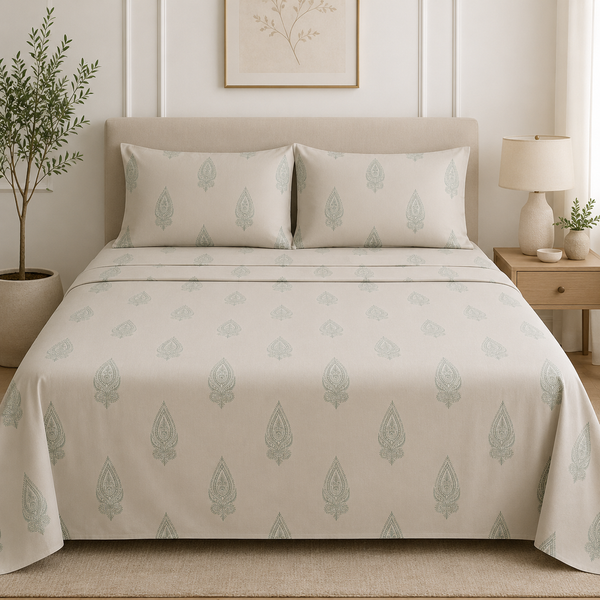 Aarniva 100% Cotton Bedsheet Set | King/Queen | Soft & Breathable | Sage Paisley | 4-Piece Set