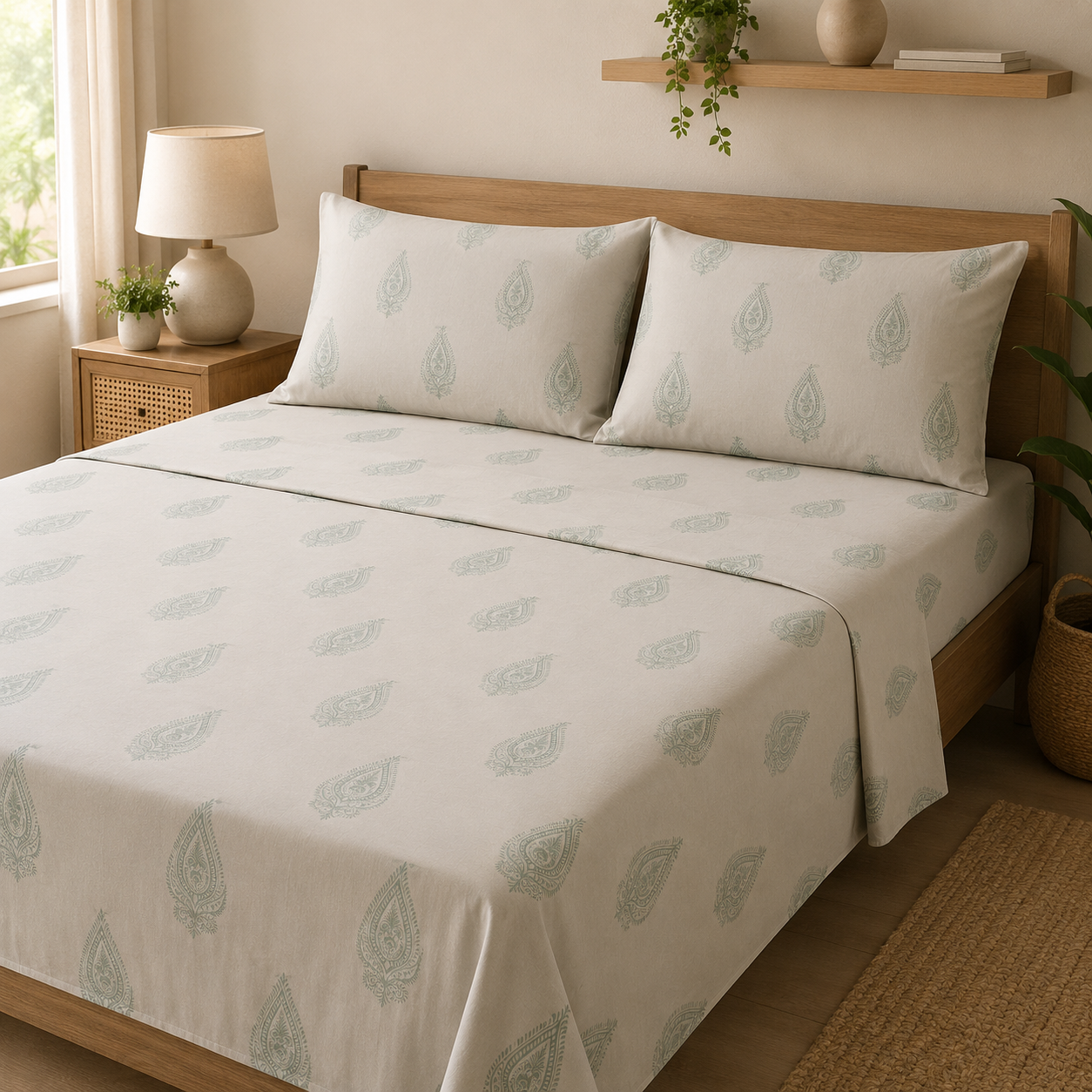 Aarniva 100% Cotton Bedsheet Set | King/Queen | Soft & Breathable | Sage Paisley | 4-Piece Set