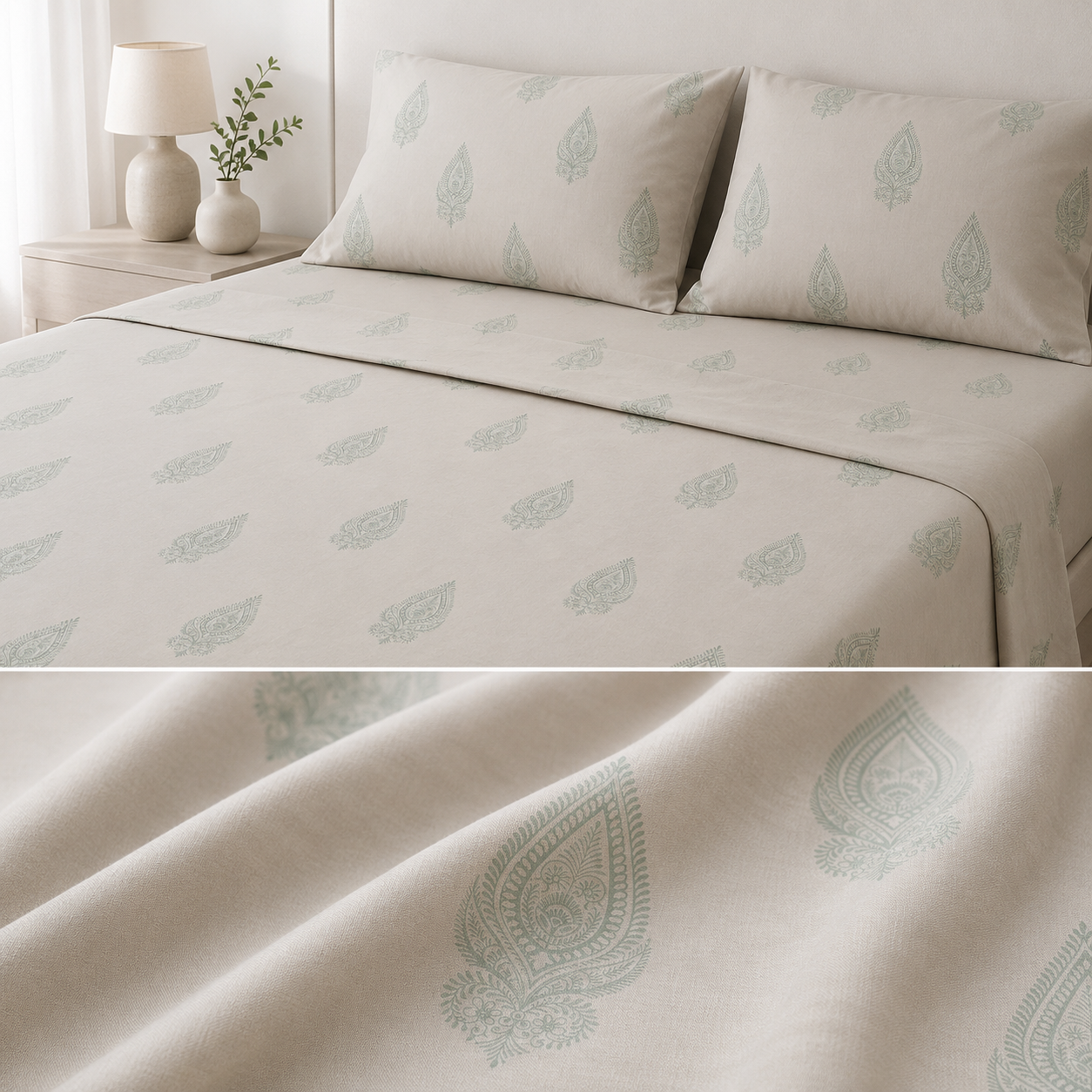 Aarniva 100% Cotton Bedsheet Set | King/Queen | Soft & Breathable | Sage Paisley | 4-Piece Set