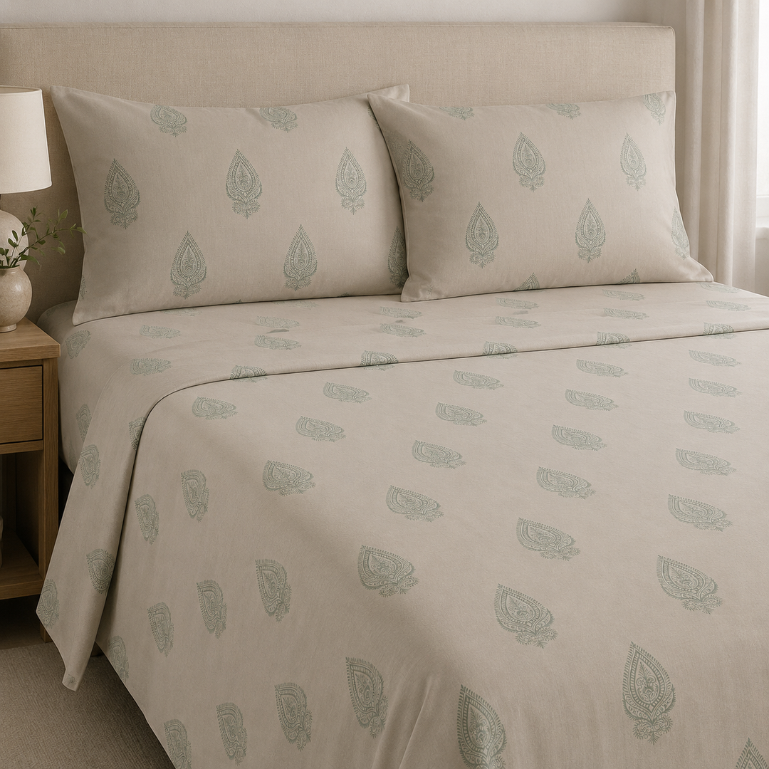 Aarniva 100% Cotton Bedsheet Set | King/Queen | Soft & Breathable | Sage Paisley | 4-Piece Set