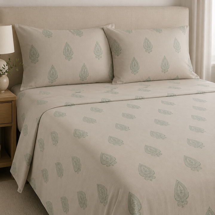Aarniva 100% Cotton Bedsheet Set | King/Queen | Soft & Breathable | Sage Paisley | 4-Piece Set