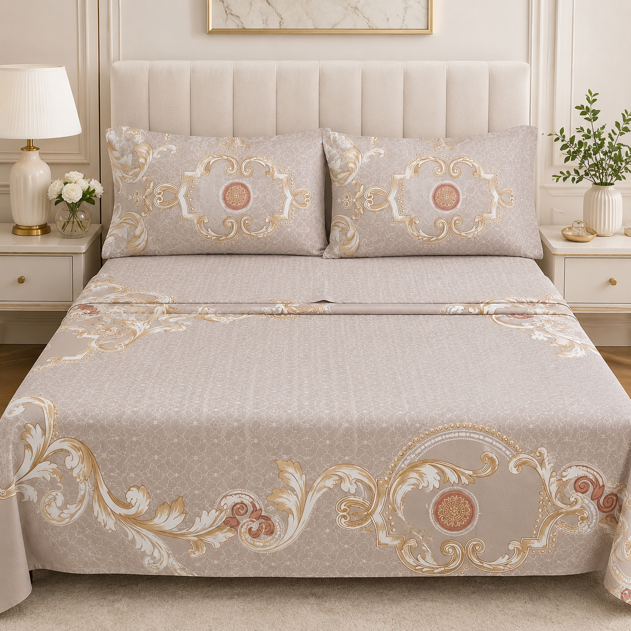 Aarniva 100% Cotton Bedsheet Set | King/Queen | Soft & Breathable | Taupe Ornate | 4-Piece Set