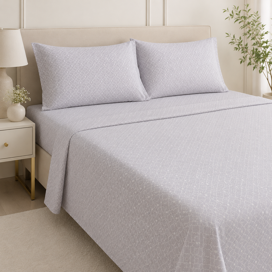 Aarniva 100% Cotton Bedsheet Set | King/Queen | Soft & Breathable | Grey Lattice | 4-Piece Set