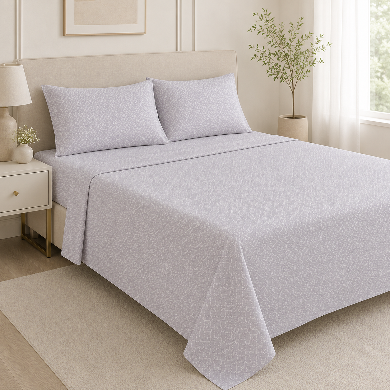 Aarniva 100% Cotton Bedsheet Set | King/Queen | Soft & Breathable | Grey Lattice | 4-Piece Set
