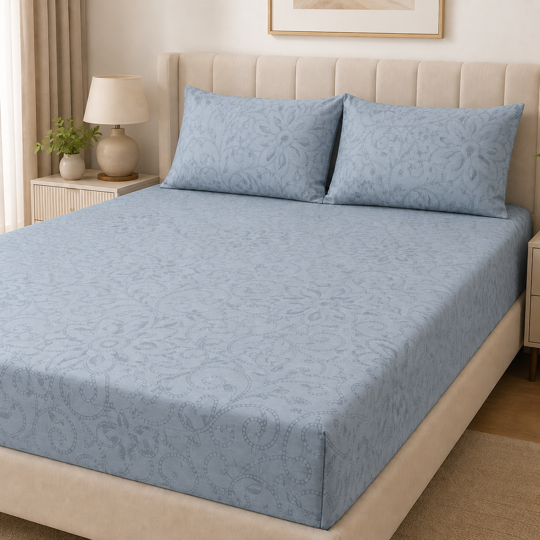 Aarniva 100% Cotton Bedsheet Set | King/Queen | Soft & Breathable | Blue Bloom | 4-Piece Set