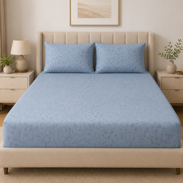 Aarniva 100% Cotton Bedsheet Set | King/Queen | Soft & Breathable | Blue Bloom | 4-Piece Set